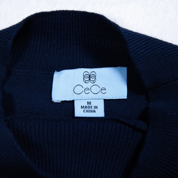 CeCe Navy Blue Sweater Top Polka Dot Sheer Sleeves Mock Neck Blouse Women Size M - Picture 3 of 10
